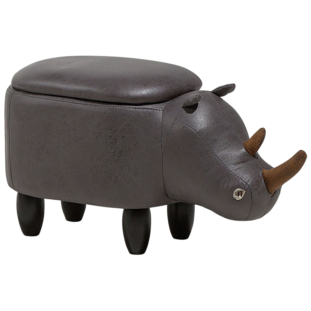foto del prodotto sgabello per bambini animale rhino con contenitore con gambe in legno in ecopelle grigio scuro poggiapiedi per la cameretta dei bambini
