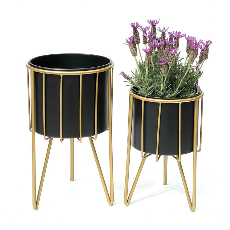 foto del prodotto sgabello per fiori con vaso in metallo oro nero rotondo set di 2 supporti per fiori 96039 colonna per fiori supporto moderno per piante sgabello per