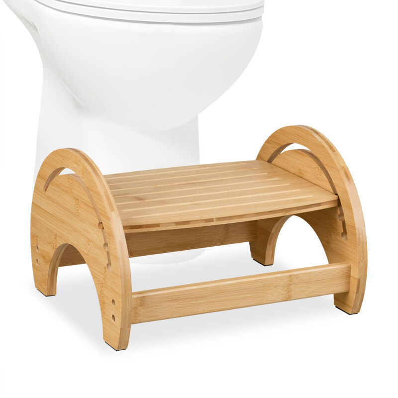 foto del prodotto sgabello per wc da bagno, sgabellino regolabile da toilette per adulti, hxlxp 23x36x32 cm, bamb , naturale relaxdays