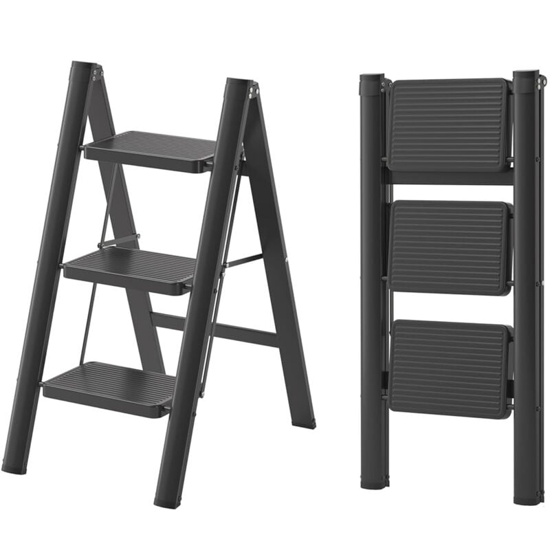 foto del prodotto sgabello pieghevole a 3 gradini con cuscinetti in gomma antiscivolo, capacità di carico 150 kg, nero