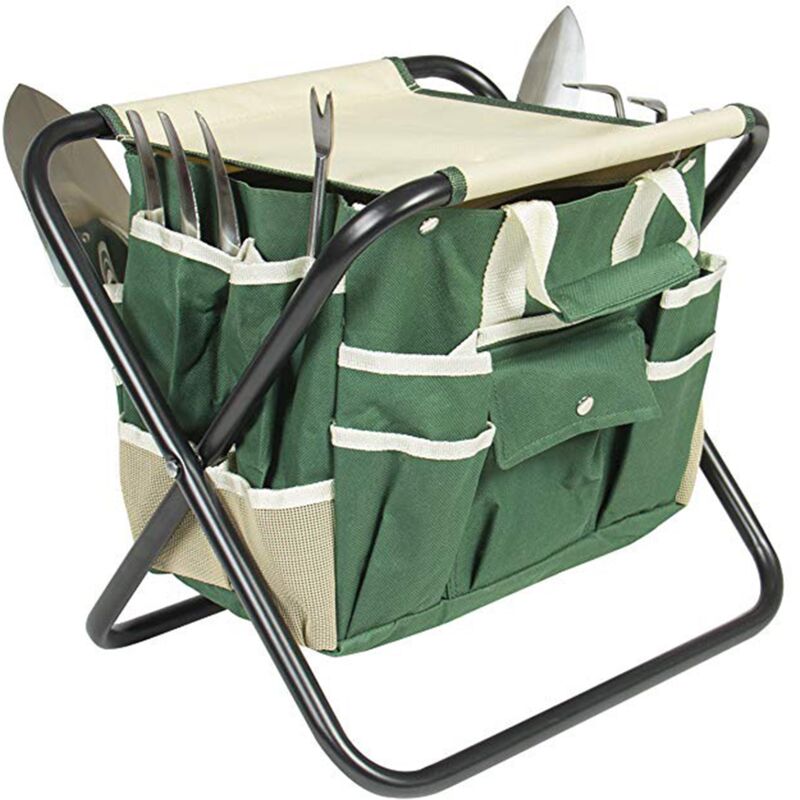 foto del prodotto sgabello pieghevole con borsa e set di attrezzi da giardino