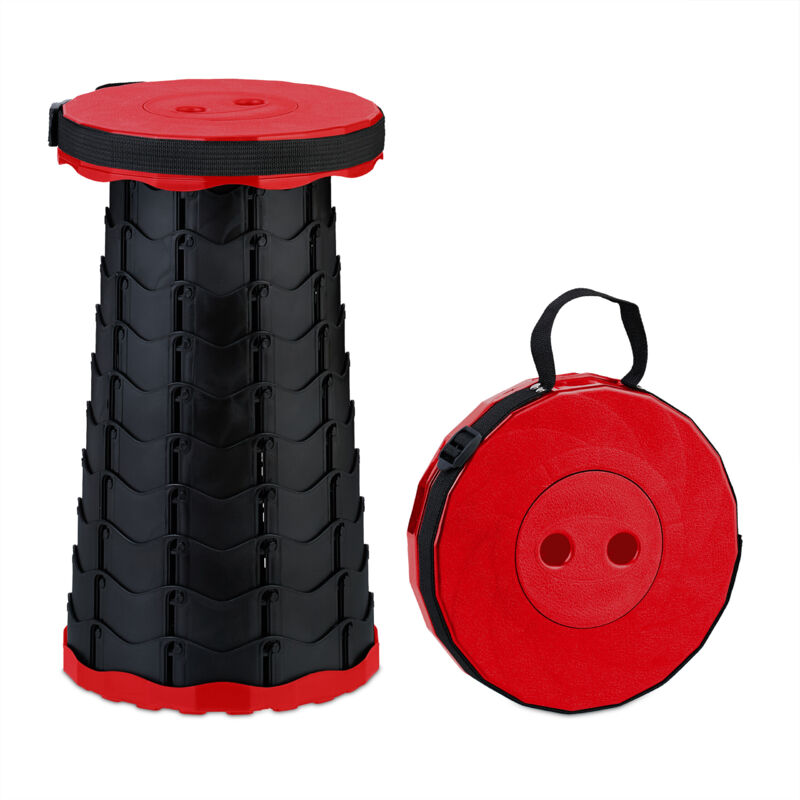 foto del prodotto sgabello pieghevole portatile, hlp 44,5 x 25 x 25 cm, sedia da campeggio regolabile in altezza, nero rosso relaxdays
