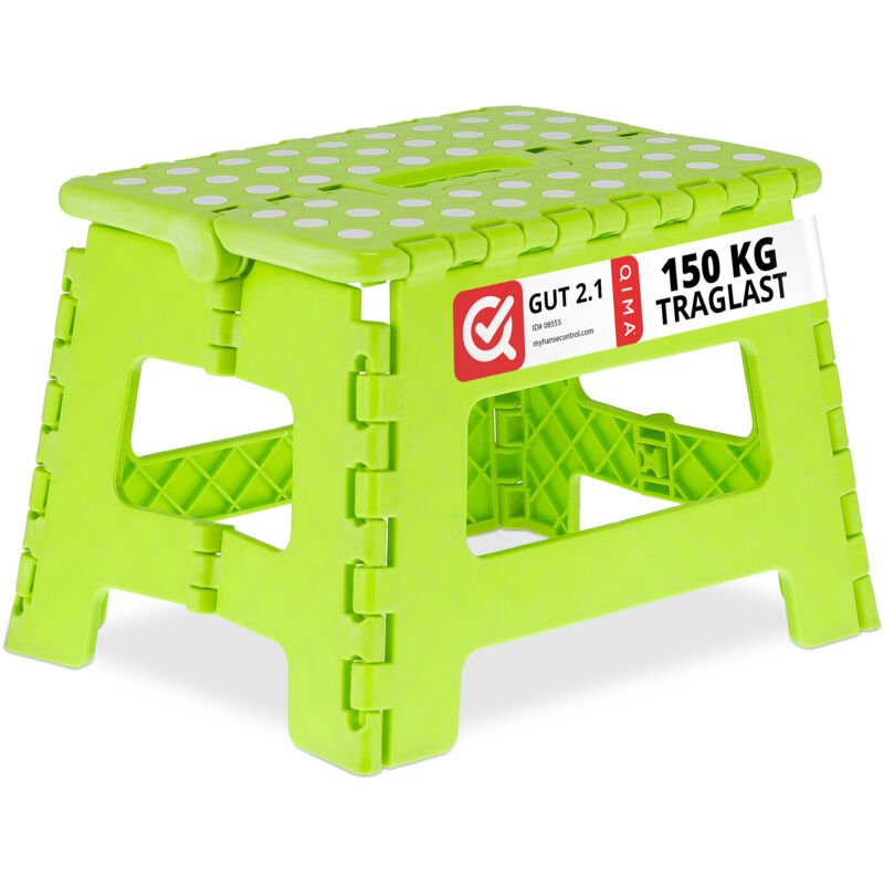 foto del prodotto sgabello pieghevole, sgabellino antiscivolo con un gradino e manico fino a 120 kg, 22,5x32x25 cm, verde bianco relaxdays