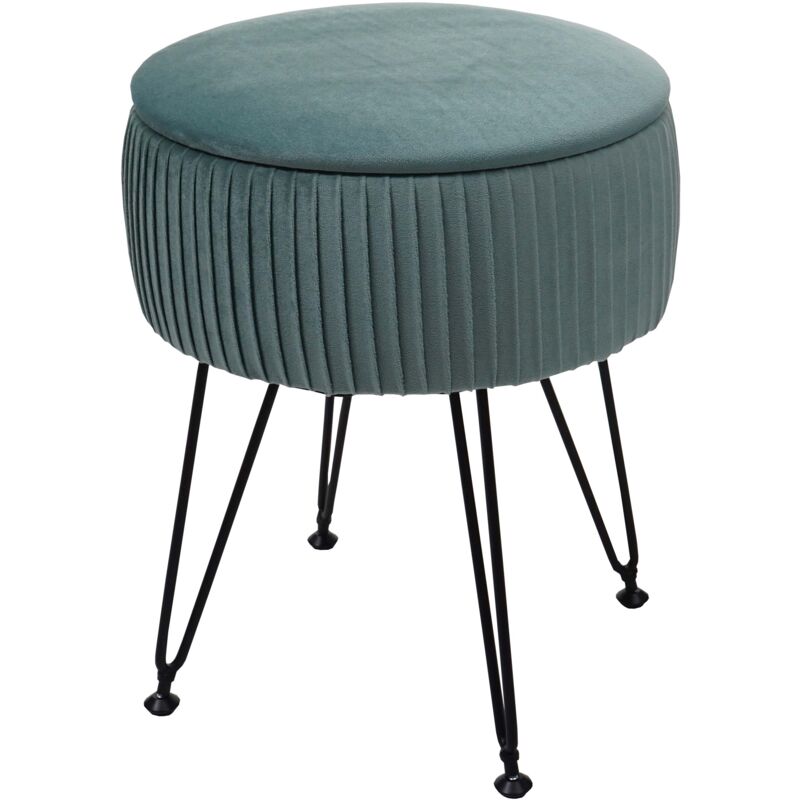 foto del prodotto sgabello poggiapiedi portaoggetti con scomparto hhg 405 metallo effetto velluto verde gambe nere