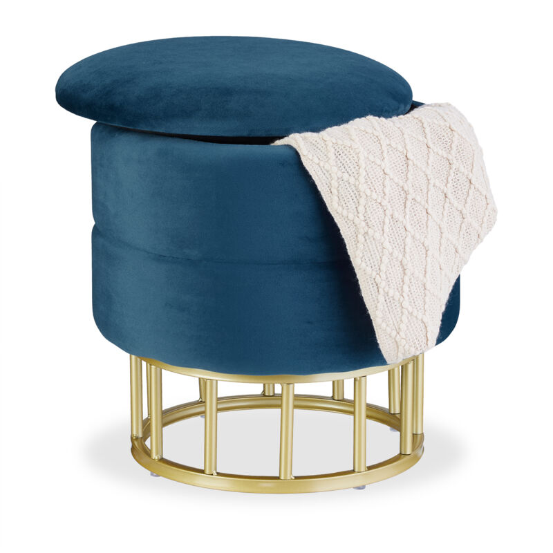 foto del prodotto sgabello pouf da salotto, camera letto, poggiapiedi imbottito, velluto e metallo, h x d 40 x 40 cm, blu oro relaxdays