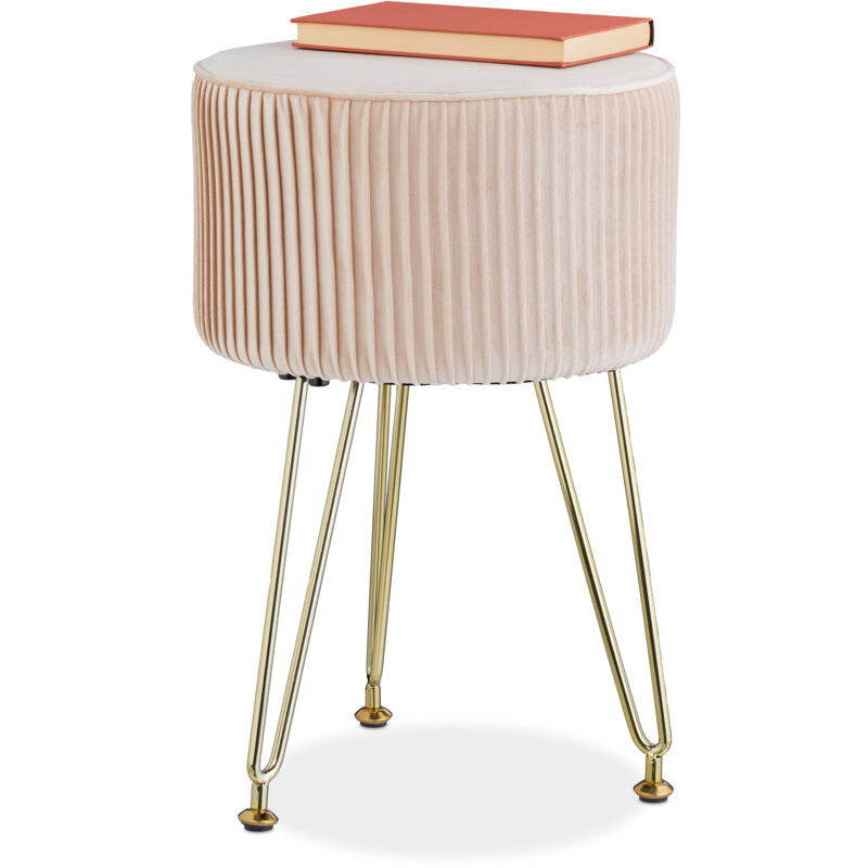 foto del prodotto sgabello pouf da salotto e camera letto, poggiapiedi imbottito, in velluto e ferro, hxd 45x29 cm, beige oro relaxdays