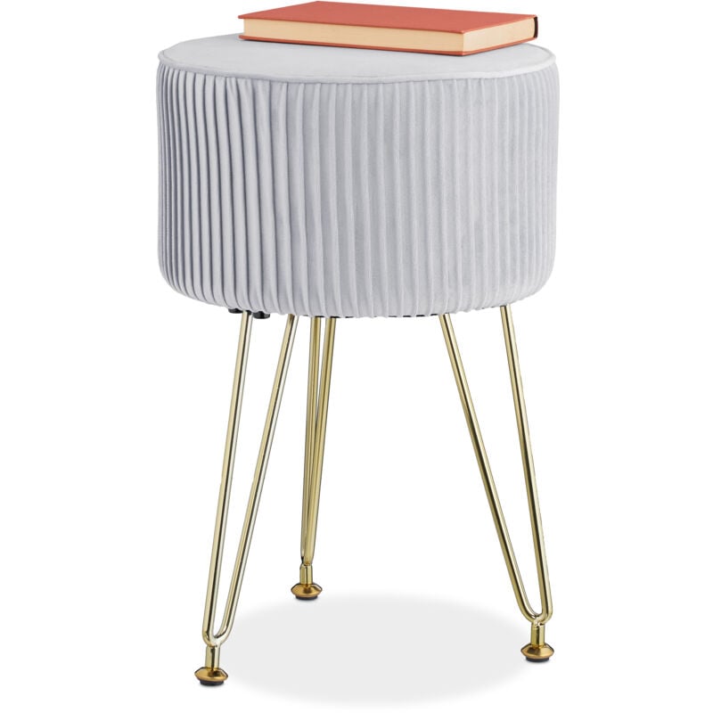 foto del prodotto sgabello pouf da salotto e camera letto, poggiapiedi imbottito, in velluto e ferro, hxd 45x29 cm, grigio oro relaxdays