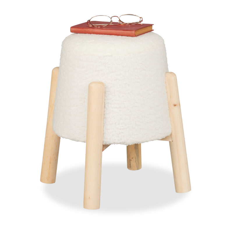 foto del prodotto sgabello pouf da salotto e camera letto, poggiapiedi imbottito, sedia in tessuto boucl , hxd 40x30 cm, bianco relaxdays