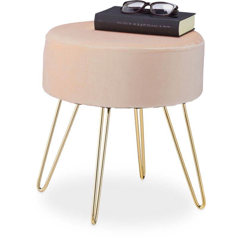 foto del prodotto sgabello pouf da salotto e camera letto, poggiapiedi imbottito, sedia in velluto e ferro, 40x37 cm, beige oro relaxdays