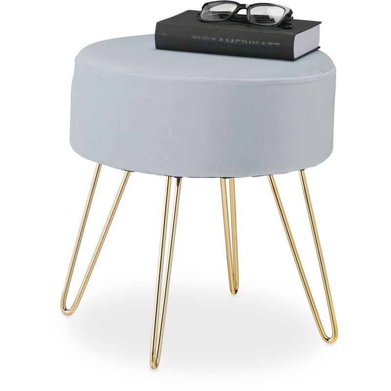 foto del prodotto sgabello pouf da salotto e camera letto, poggiapiedi imbottito, sedia in velluto e ferro, 40x37 cm, grigio oro relaxdays