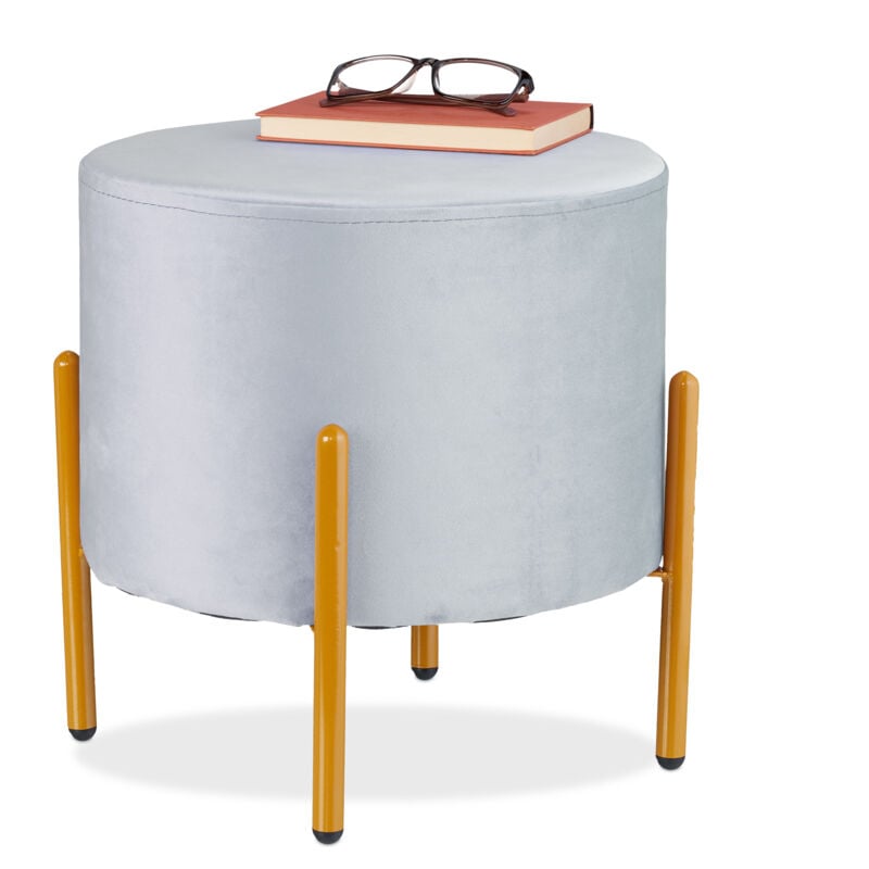 foto del prodotto sgabello pouf da salotto e camera letto, poggiapiedi imbottito, sedia velluto e metallo, hxd 39x37 cm, grigio relaxdays