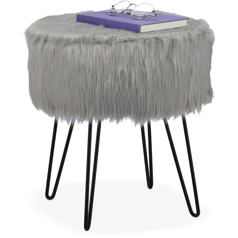 foto del prodotto sgabello pouf in morbido pelo, poggiapiedi rotondo imbottito, gambe in acciaio, hxd 41 x 37 cm, grigio nero relaxdays