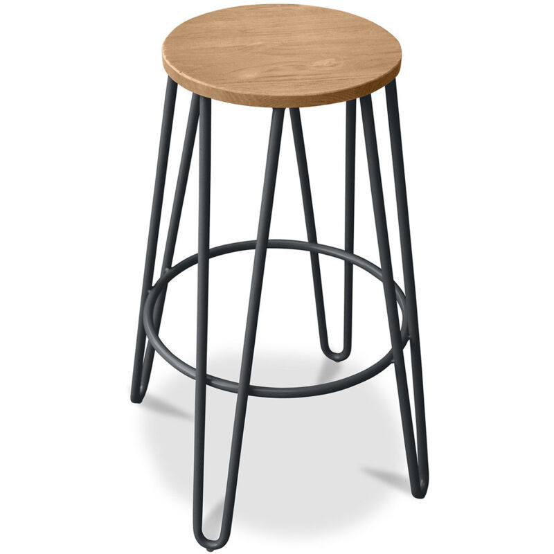 foto del prodotto sgabello rotondo design industriale legno e metallo 66cm hairpin grigio scuro