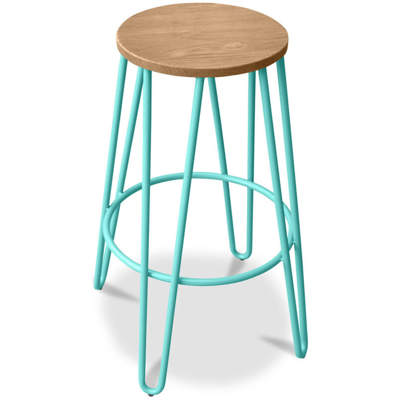 foto del prodotto sgabello rotondo design industriale legno e metallo 66cm hairpin pastel green