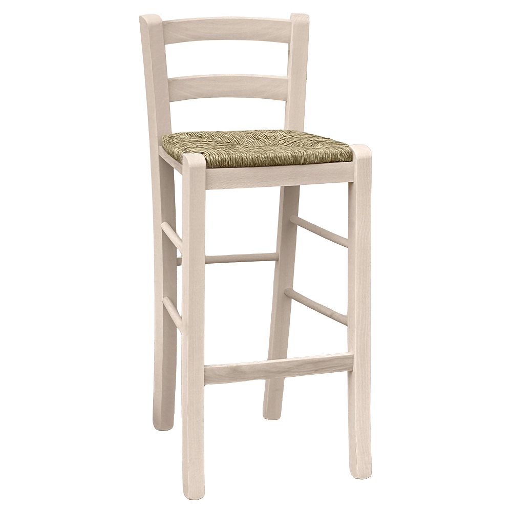 foto del prodotto sgabello snack legno grezzo con schienale da verniciare in paglia h 67