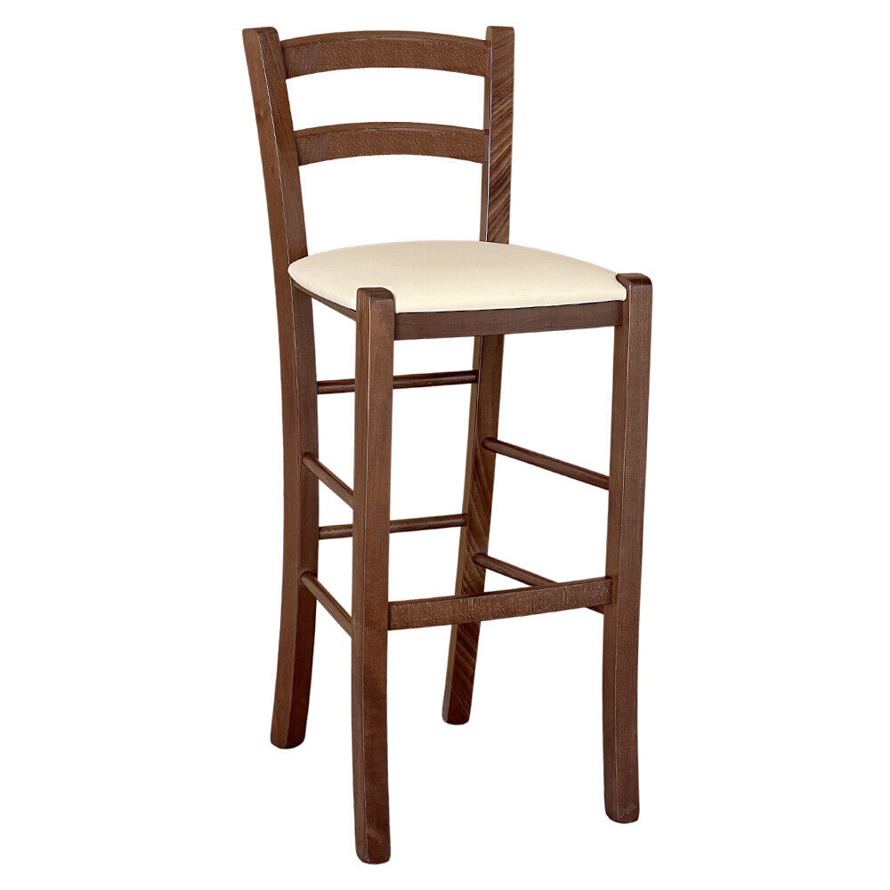 foto del prodotto sgabello venezia in legno noce scuro h 73 con seduta similpelle beige