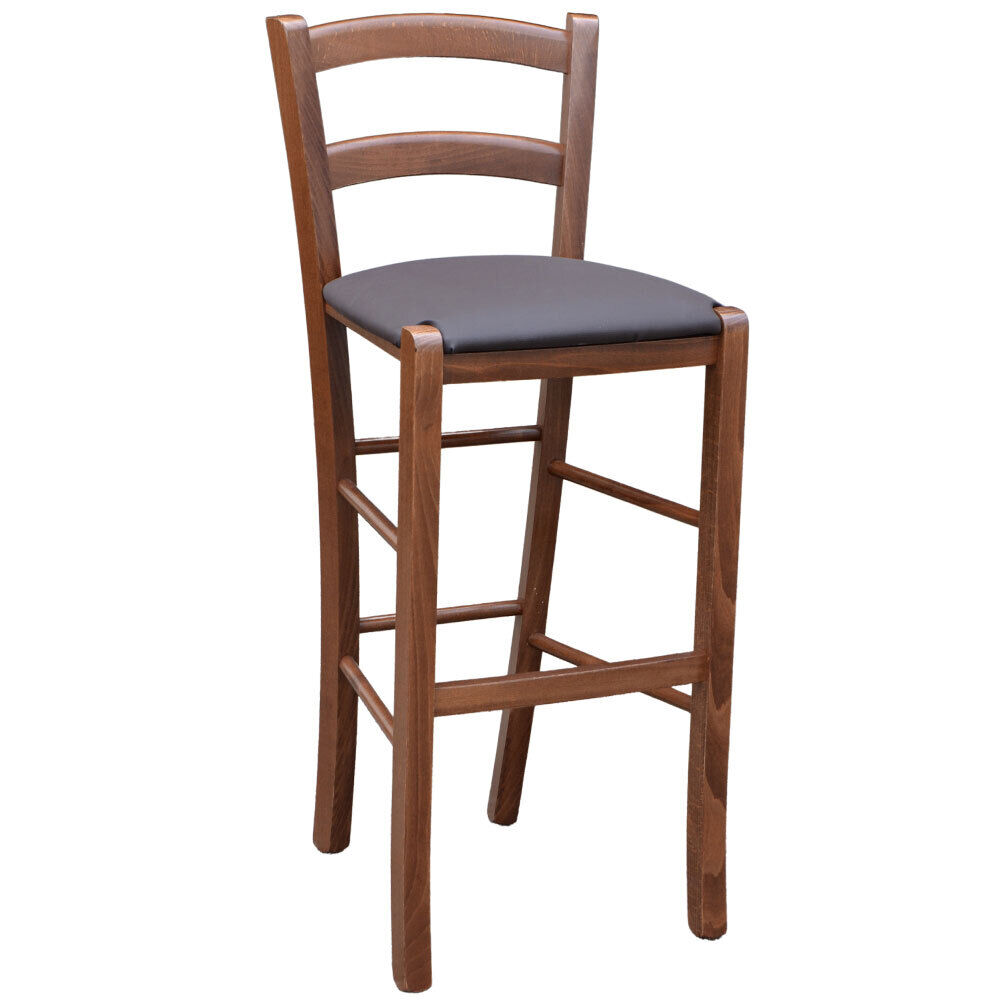 foto del prodotto sgabello venezia in legno noce scuro h 73 con seduta similpelle marrone