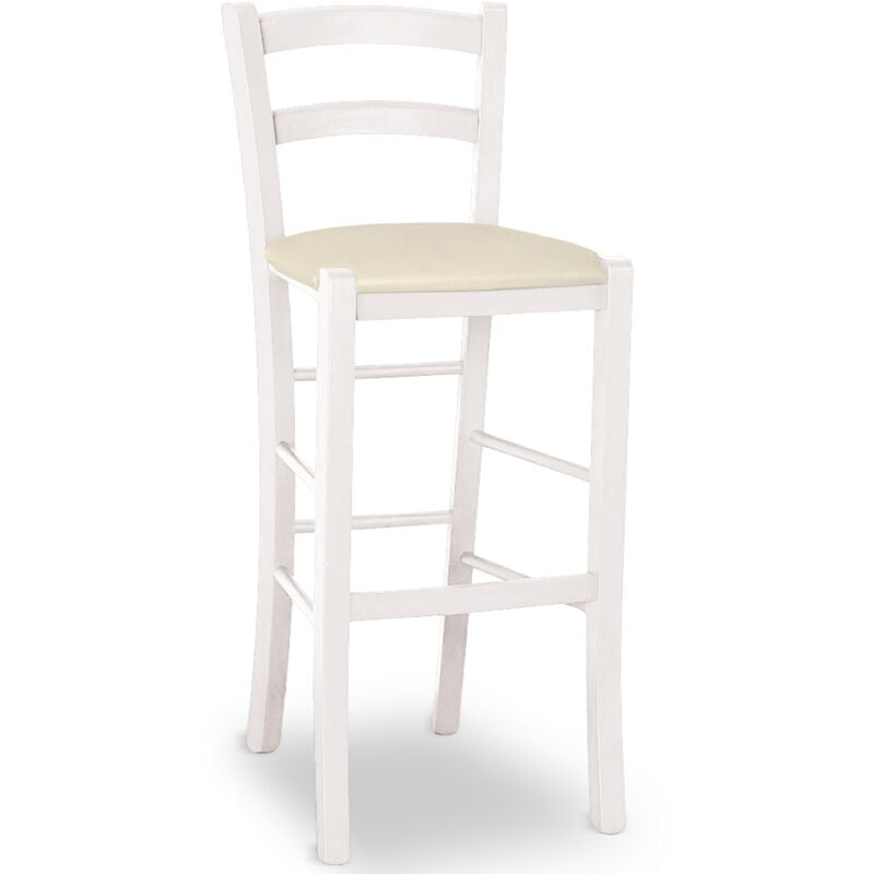 foto del prodotto sgabello venezia in legno verniciato bianco anilina h 73 seduta similpelle beige