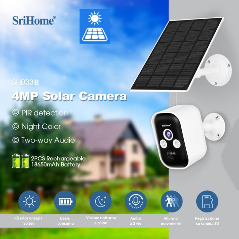 foto del prodotto sh033b telecamera wi fi batteria senza fili,visione notturna a colori, rilevamento persona,ip65,audio,pannello solare srihome