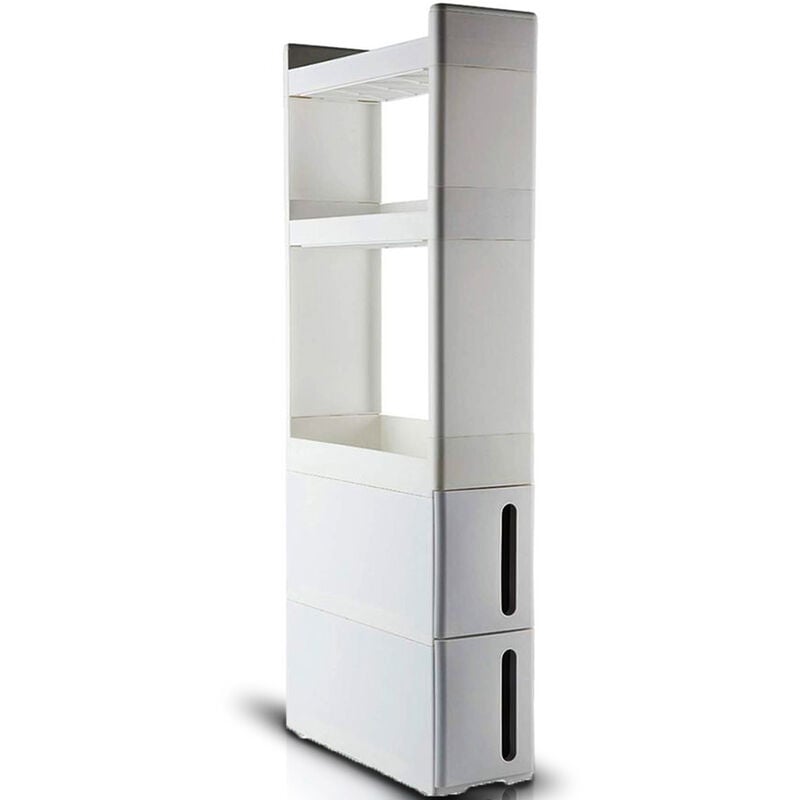 foto del prodotto shally dogan carrello cucina slim salvaspazio con ruote 3 ripiani 2 cassetti mobiletto bianco