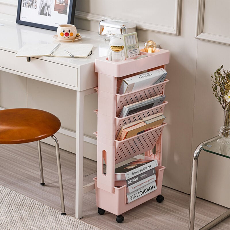 foto del prodotto shally dogan carrello portadocumenti con 4 ruote scaffale libreria rosa salvaspazio 5 ripiani