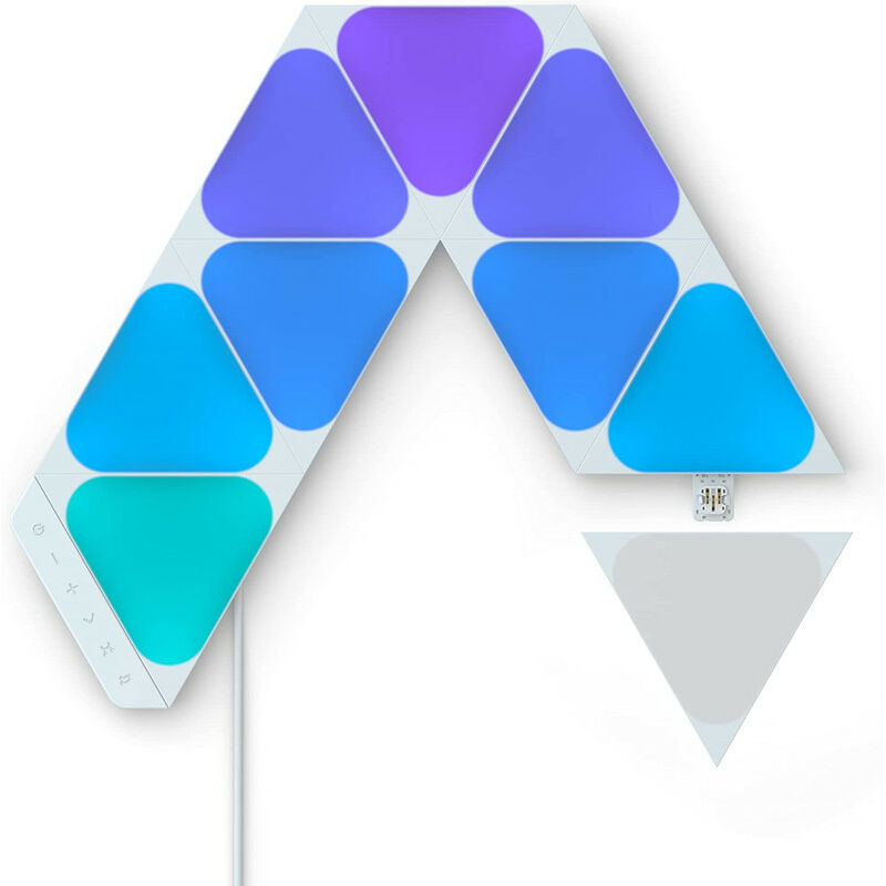 foto del prodotto shapes mini triangle starter kit, 9 mini triangoli luminosi led rgbw smart, applique da parete interno modulari, luci led 16m colori wifi, funziona