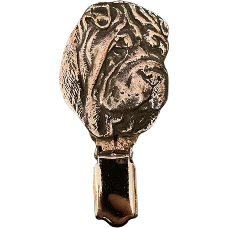 foto del prodotto shar pei spilla con clip, porta numero di partenza, distintivo argentato per esposizioni canine di art dog