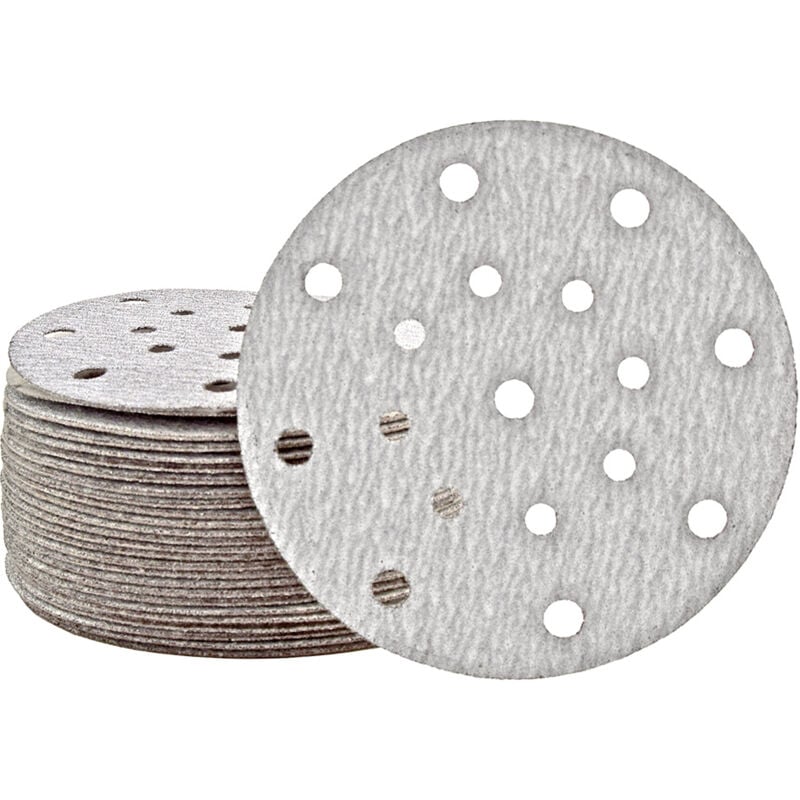 foto del prodotto shark dischi abrasivi velcrati, 150 mm, 17 fori, p. levigatrici rotorbitali, corindone normale 50 pz. g180 miotools