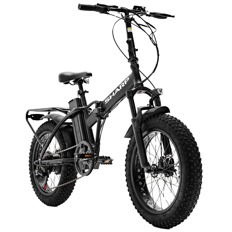 foto del prodotto sharp basel bk fm02e b foldable fat e bike black bicicletta elettrica ruote 20x4 motore 250w 36v batteria 36v 13ah certificata telaio in alluminio autonomia fino ad 50km forcella ammortizzata