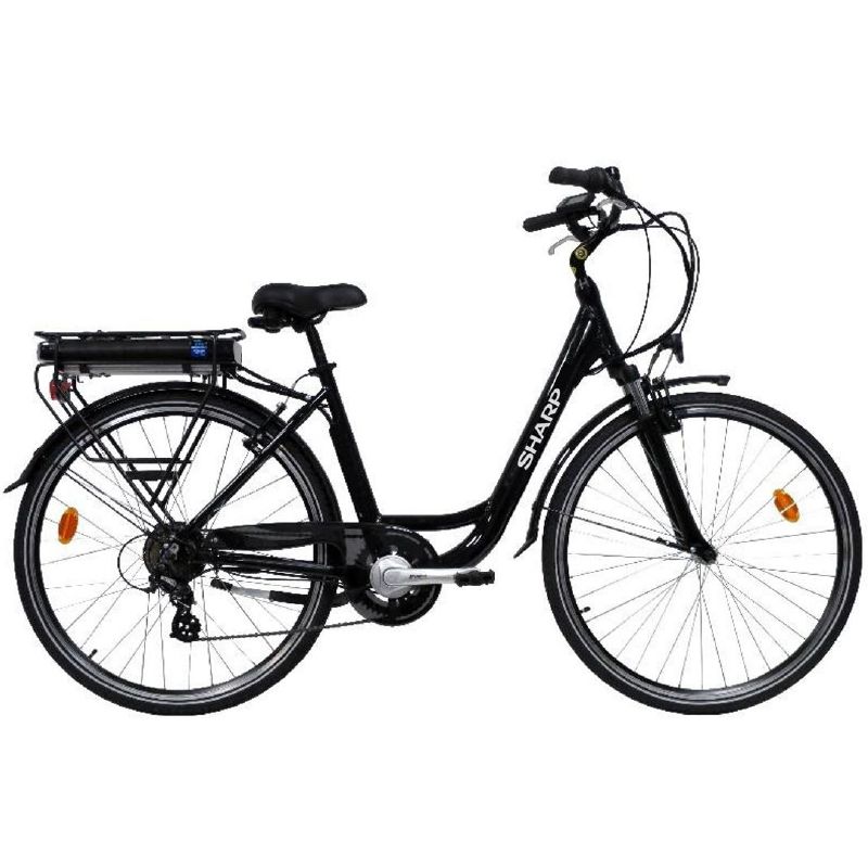 foto del prodotto sharp bk cd03e b city e bike nera bicicletta elettrica ruote 26x1.75 motore 250w 36v batteria 36v 10ah certificata telaio in alluminio autonomia fino ad 60km