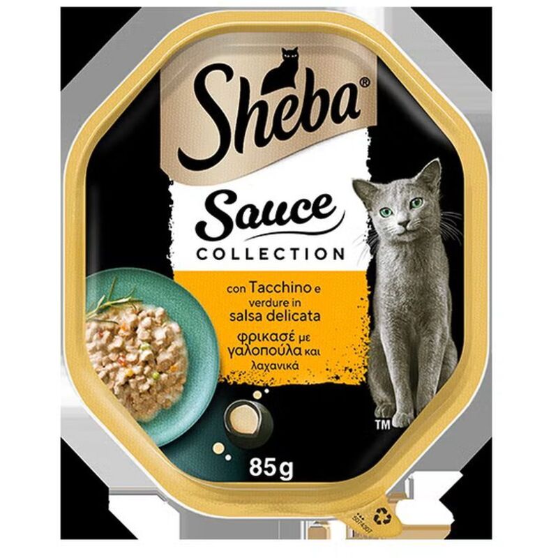 foto del prodotto sheba - cat creazioni speciali in salsa con tacchino e verdure in salsa delicata cat creazioni speciali in salsa con tacchino e verdure in salsa delicata - vaschetta da 85 gr
