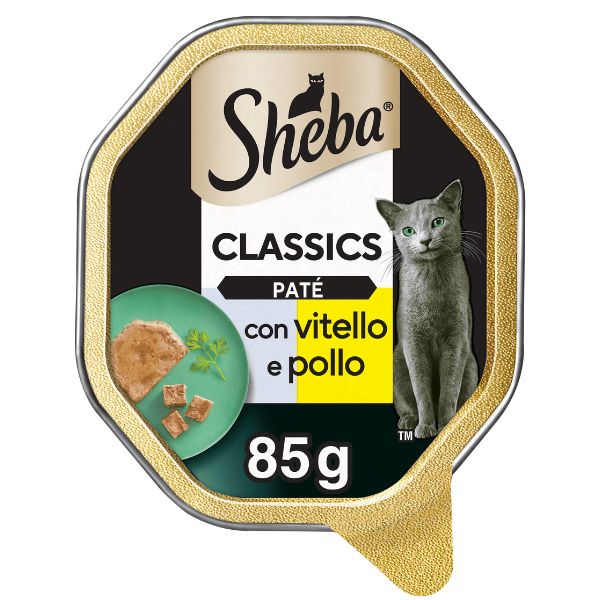 foto del prodotto sheba patè classics 85gr - con vitello e pollo - confezione da 22 pezzi - cibo umido per gatti - 1 ordine scegli lo sconto bzr5 bzr20 200 punti fedeltà