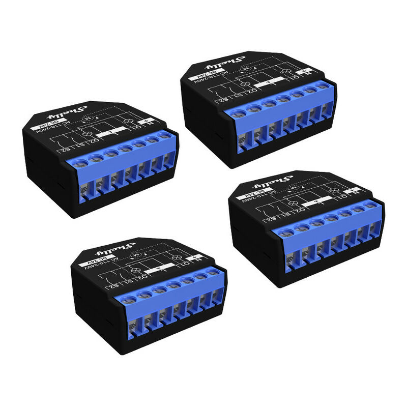 foto del prodotto shelly plus 2pm packa da quattro, interruttore rel wi fi a 2 canali, consente controllo di luci e interruttori o apertura e chiusura di tapparelle
