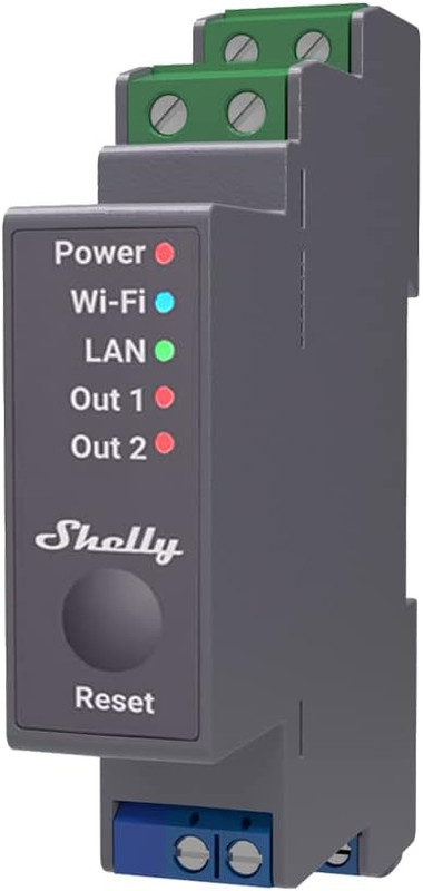 foto del prodotto shelly pro 2 rel montabile su guida din, 2 canali, wi-fi, lan e bluetooth, automatizzazione tapparelle, interruttori
