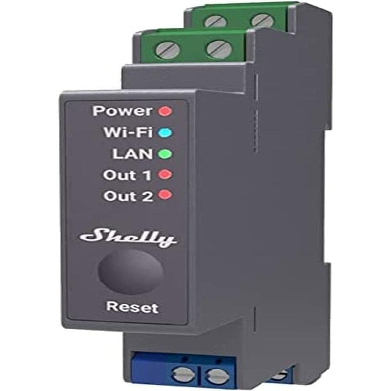 foto del prodotto shelly pro 2 rel montabile su guida din a 2 canali, wi fi, lan e bluetooth per controllare e automatizzare luci, prese e interruttori, compatibile