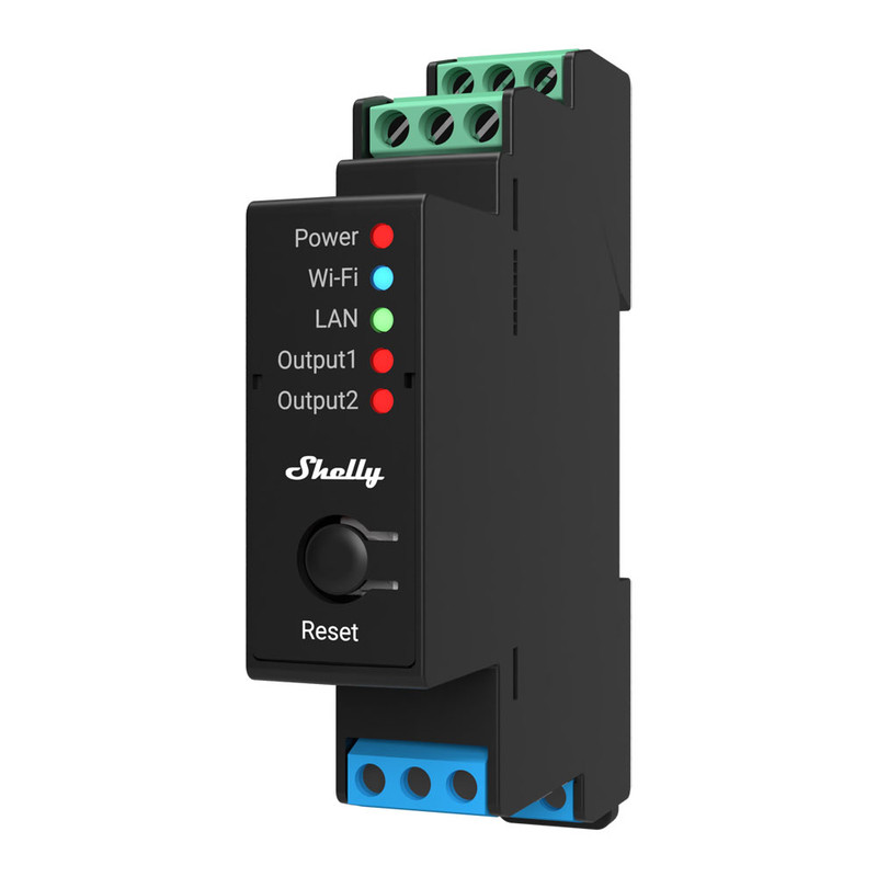foto del prodotto shelly pro 2pm rel montabile su guida din, 2 canali, wi-fi, lan e bluetooth, controllo tapparelle, controllo consumi