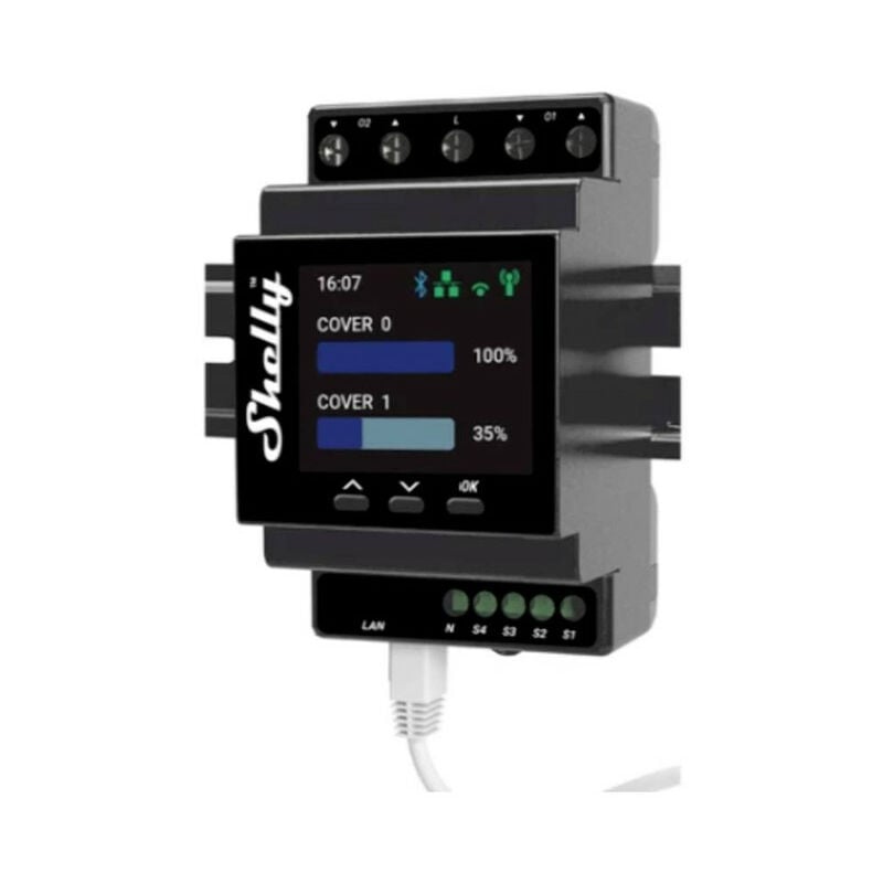 foto del prodotto shelly pro dual cover controller smart, wi fi, bluetooth, barra din, auotmatizzazione di tapparelle, tende da sole, cancelli, porte scorrevoli,