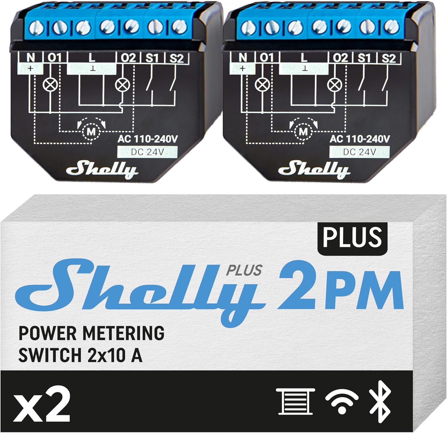 foto del prodotto shelly relè interruttore a due canali, wi-fi e bluetooth, shelly plus 2pm pack x2