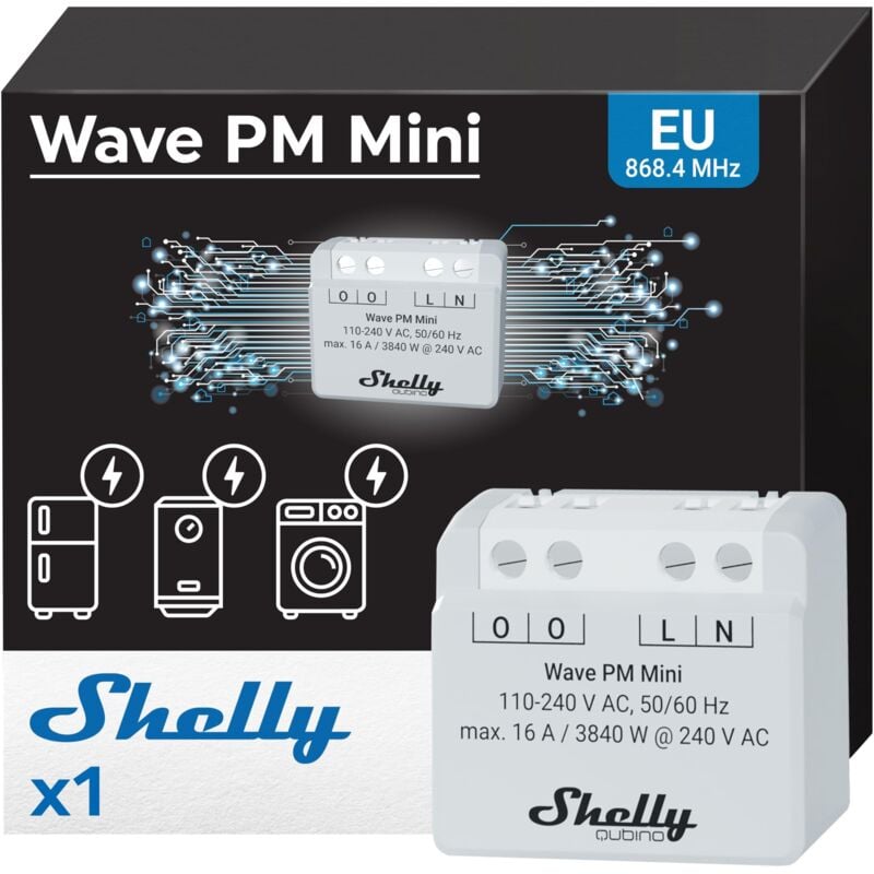foto del prodotto shelly wave pm mini, misuratore di potenza intelligente z wave, 1 canale, 16a, domotica, nessun interruttore a rel , monitora il consumo di energia
