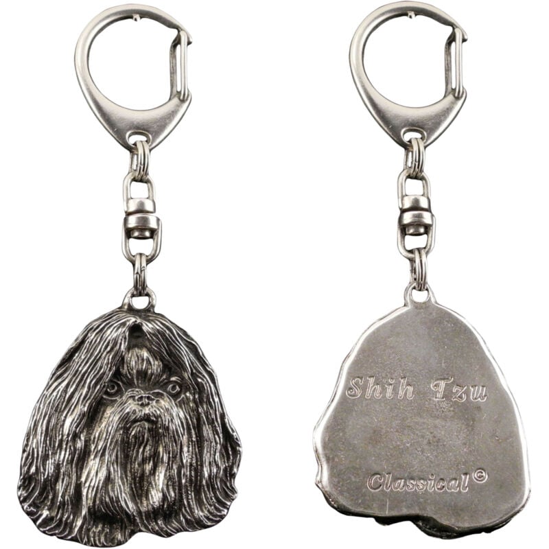 foto del prodotto shih tzu, shi tsu, shi tzu, szi cu, szitzu i portachiavi a forma di cane argentato in una scatola regalo, decorazione per borsa, ciondolo per zaino