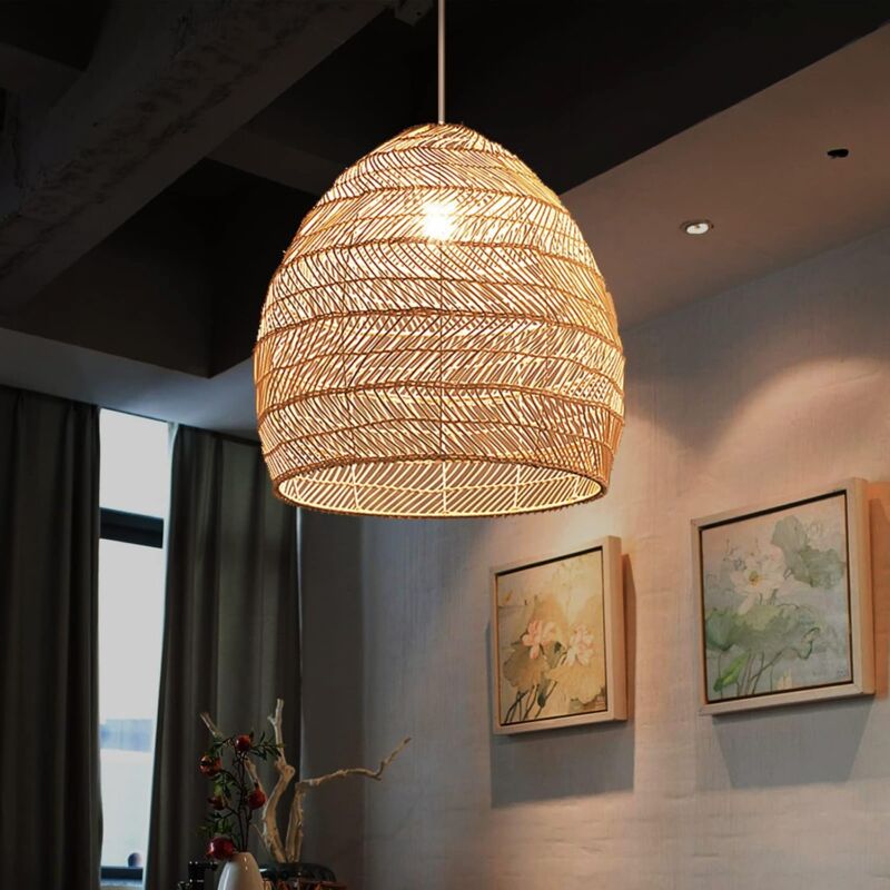 foto del prodotto shmshng lampadario, lampada in rattan lampada a sospensione paralume a sospensione vintage e27 arredamento per sala da pranzo lampada a sospensione