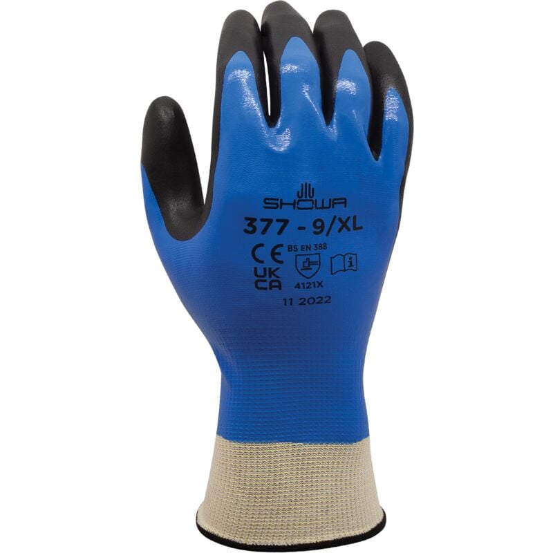 foto del prodotto showa 377 coppia guanti da lavoro in nitrile tg 9 doppio rivestimento flessibile e robusto per meccanica edilizia blu nero 9