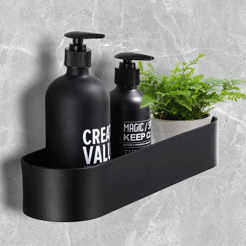 foto del prodotto shower shelf, no drilling shower shelf, bathroom shelf, shower caddy, aluminum, matte finish, for bathroom kitchen black