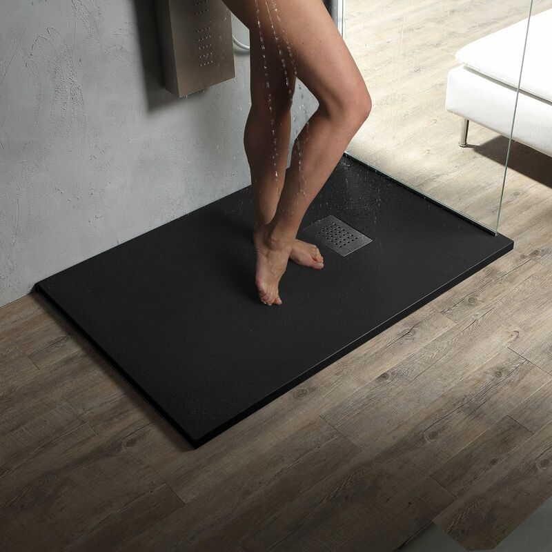 foto del prodotto showerdesign piatto doccia milano 110x80 cm resina alto 3 cm effetto ardesia, nero opaco