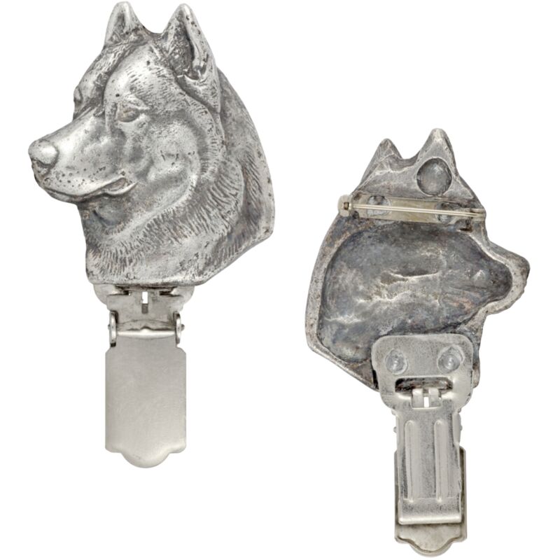 foto del prodotto siberian husky, siberian husky spilla con clip, porta numero di partenza, distintivo argentato per una mostra canina di art dog