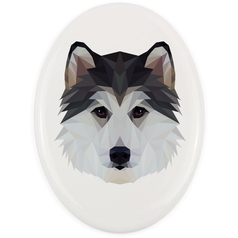 foto del prodotto siberian husky, siberian husky un piatto con una foto e un iscrizione geometrica di art dog