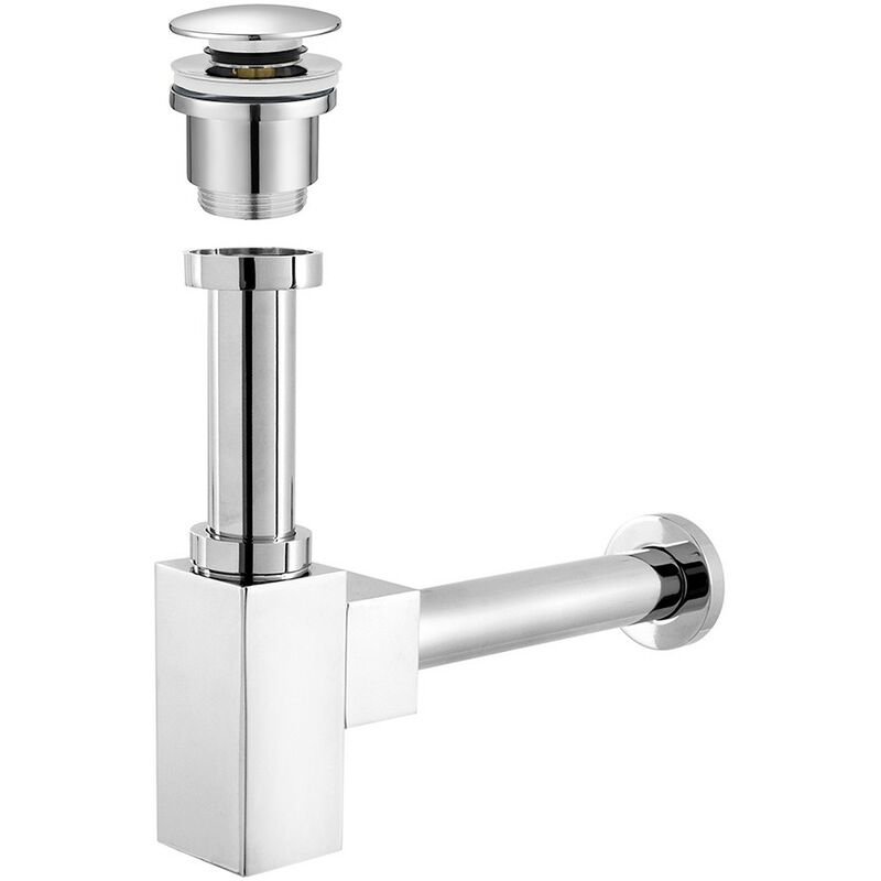 foto del prodotto sifone lavabo a canna quadrata cromato completo di piletta click clack universale