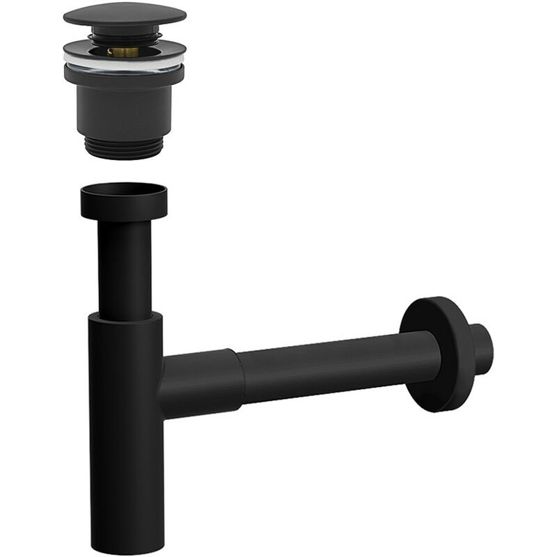 foto del prodotto sifone lavabo a canna tonda nero opaco completo di piletta click clack