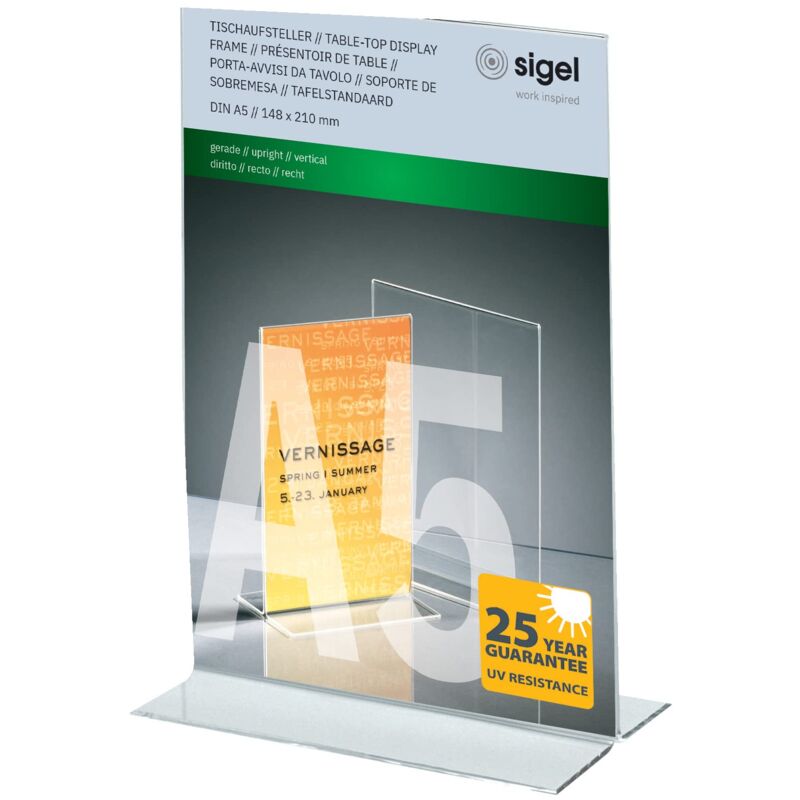 foto del prodotto sigel ta222 porta avvisi da tavolo porta brochure da banco, con base a t, acrilico, per a5