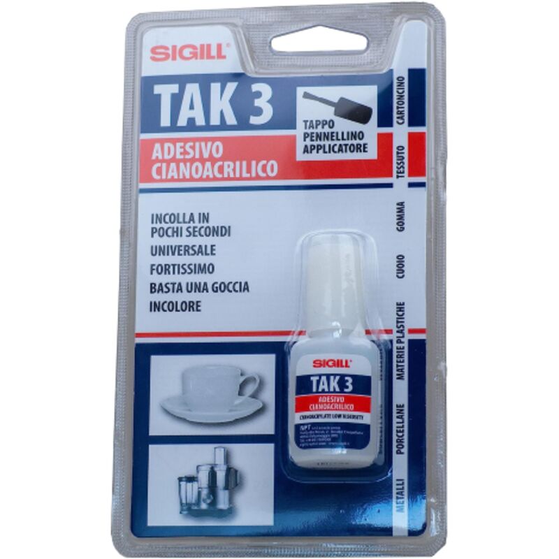 foto del prodotto sigill tak 3 flacone 8gr colla cianoacrilico incolore extraforte universale con tappo pennellino applicatore